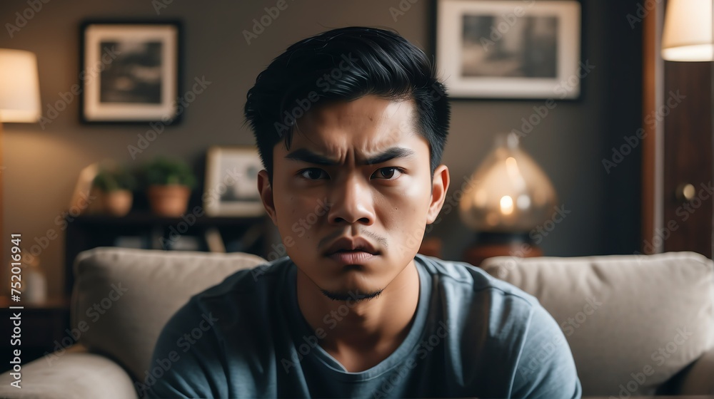 Naklejka premium Angry frustrated filipino young male man staring at the camera on a living room home background from Generative AI