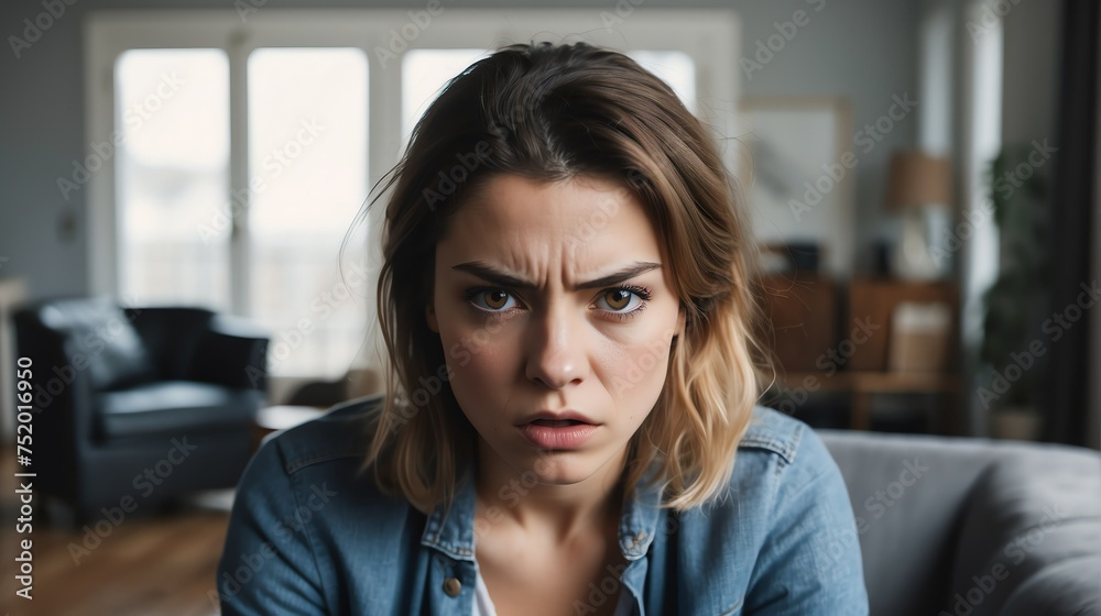 Angry frustrated french young female woman staring at the camera on a living room home background from Generative AI