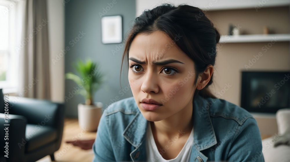 Angry frustrated immigrant young female woman staring at the camera on a living room home background from Generative AI Angry frustrated immigrant young female woman staring at the camera on a living room home background from Generative AI