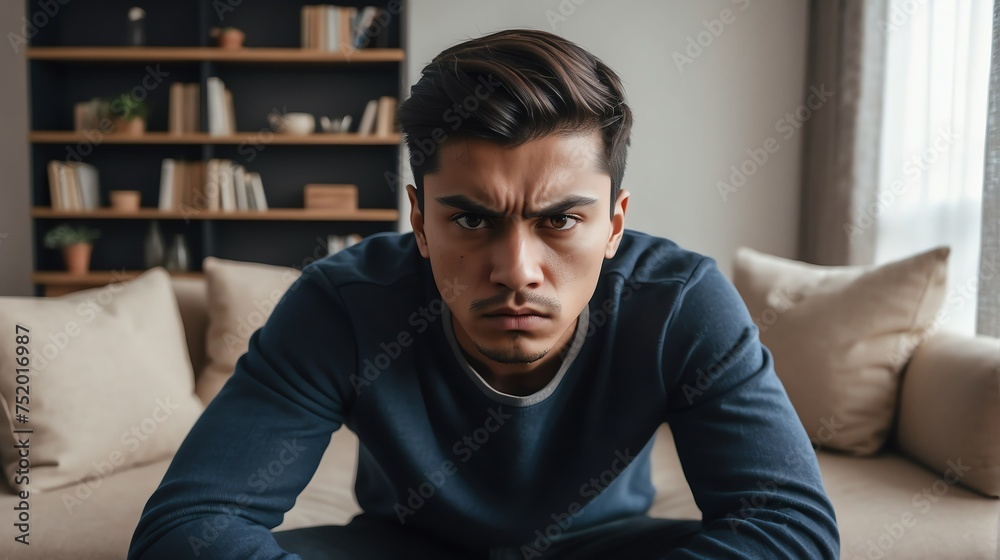Angry frustrated immigrant young male man staring at the camera on a living room home background from Generative AI Angry frustrated immigrant young male man staring at the camera on a living room home background from Generative AI