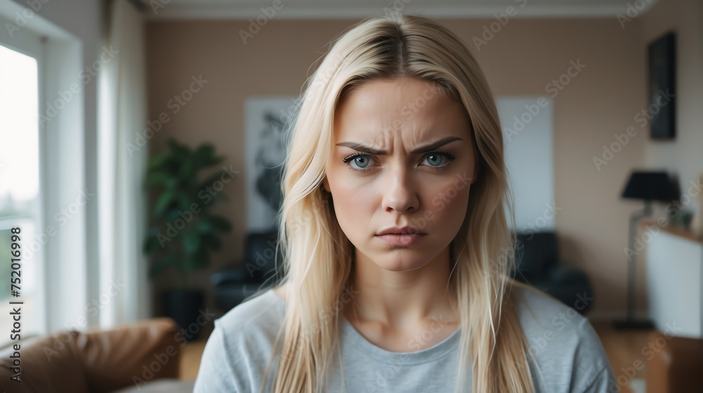 Angry frustrated in blonde young female woman staring at the camera on a living room home background from Generative AI