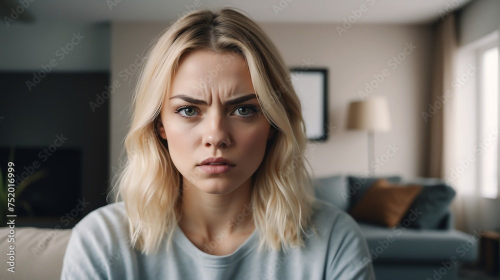 Angry frustrated in blonde young female woman staring at the camera on a living room home background from Generative AI - obrazy, fototapety, plakaty 