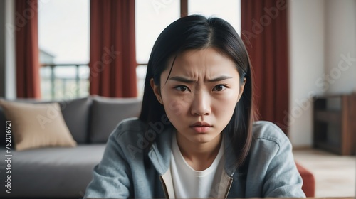 Angry frustrated chinese young female woman staring at the camera on a living room home background from Generative AI