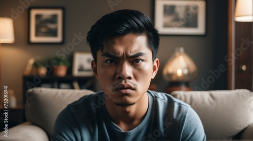 Angry frustrated filipino young male man staring at the camera on a living room home background from Generative AI photo