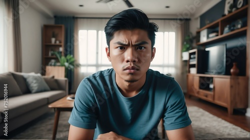 Angry frustrated filipino young male man staring at the camera on a living room home background from Generative AI