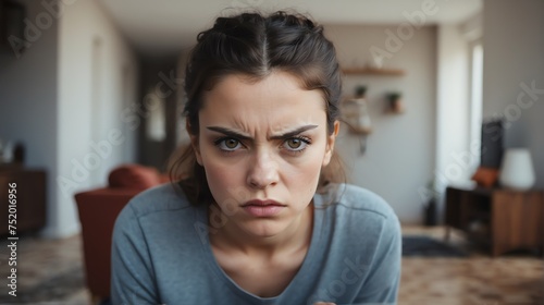 Angry frustrated french young female woman staring at the camera on a living room home background from Generative AI © Arceli