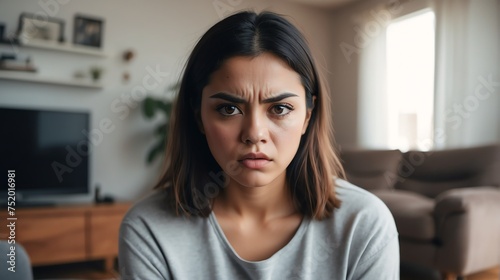 Angry frustrated immigrant young female woman staring at the camera on a living room home background from Generative AI
