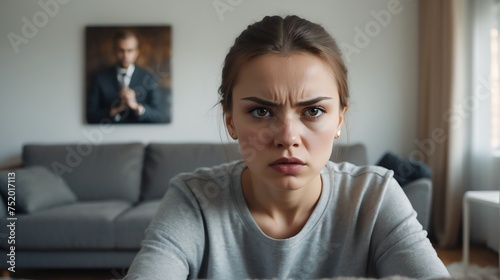 Angry frustrated russian young female woman staring at the camera on a living room home background from Generative AI