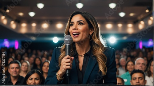 Motivational speaker influencer attractive hispanic woman presenting on stage conference or public event from Generative AI