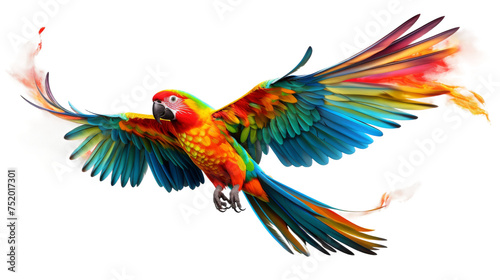 Flying Colors Tropical Parrot in Mid-flight on white background © Farah
