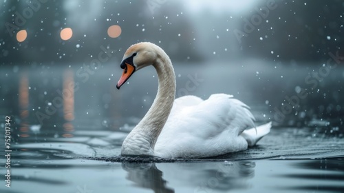 White Swans glide across the Lake at sunset