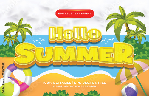 Hello summer cartoon editable text effect style template 3d