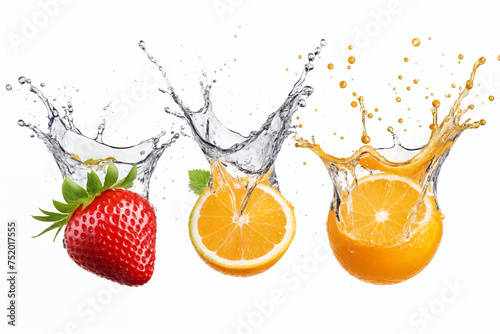 Strawberries and oranges falling into water. Generative Ai