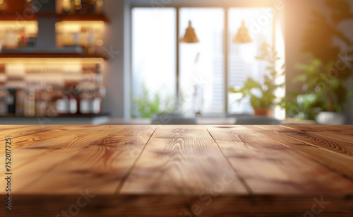 Table Wooden Kitchen Banner with Abstract warm tone  Blurred Background  Empty Space for Product Display in Modern Living  Empty Beautiful wood table top and blurred bokeh modern kitchen background