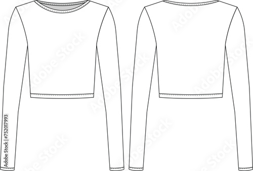 round neck crew neck long sleeve top blouse activewear sportwear pajama template technical drawing flat sketch cad mockup fashion woman unisex design style model 