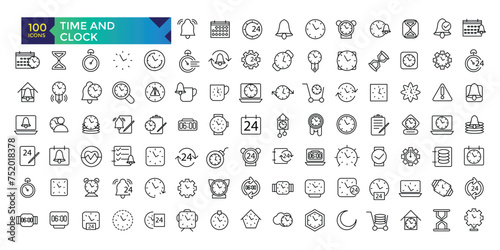 Time and Clock line icons about location, time and date. Contains such icons as clock, schedule, calendar and pin. Vector illustration.