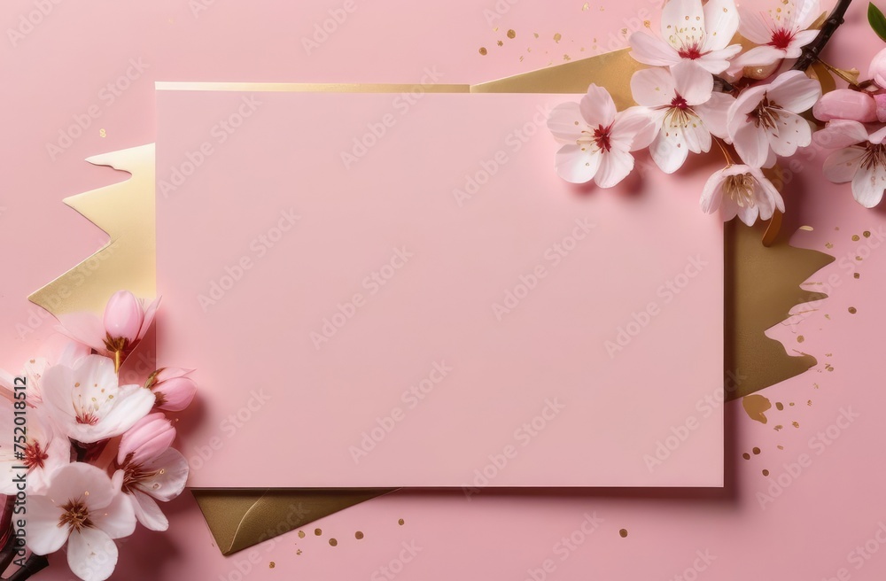 pink cherry blossom on paper, spring background . Mockup for Mother's Day holiday, birthday, on light pink background, with sakura flowers with gold splashes, for party invitation 