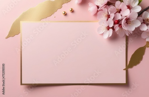 pink cherry blossom on paper, spring background . Mockup for Mother's Day holiday, birthday, on light pink background, with sakura flowers with gold splashes, for party invitation 