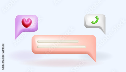 3d blue bubble speeches with heart and phone icon.