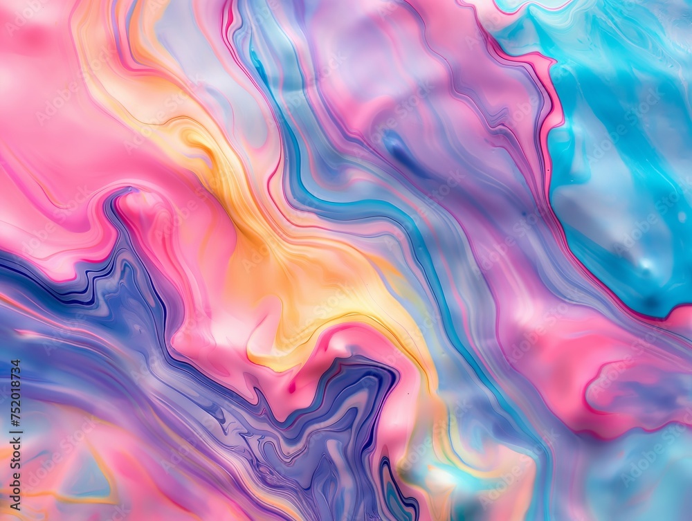Vivid marbling pattern with swirling pink, blue, and yellow hues, ideal for backgrounds and creative designs.