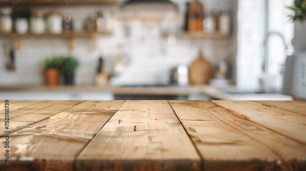 Table Wooden Kitchen Banner with Abstract warm tone, Blurred Background, Empty Space for Product Display in Modern Living, Empty Beautiful wood table top and blurred bokeh modern kitchen background 