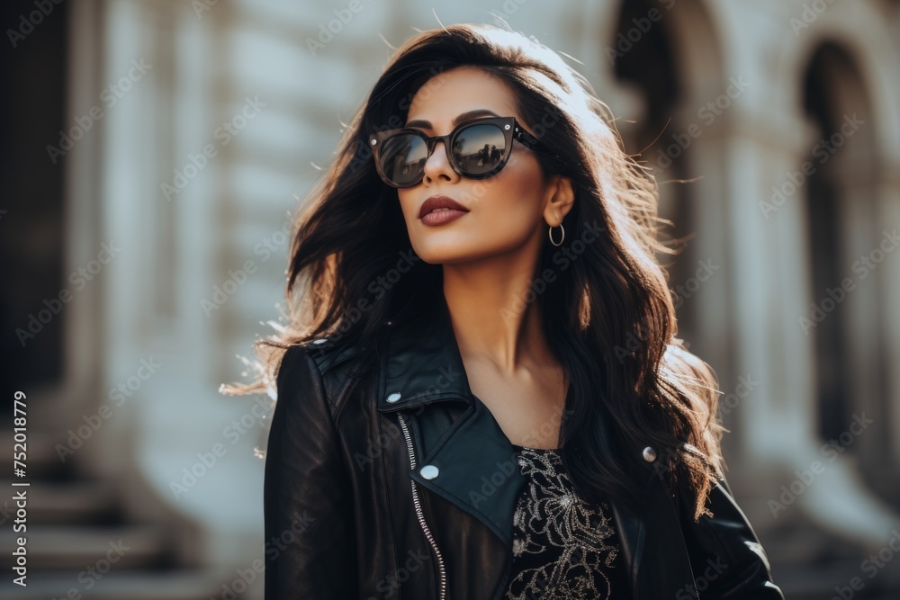 Fashionable young woman in black leather jacket and sunglasses on the street Fashionable young woman in black leather jacket and sunglasses on the street
