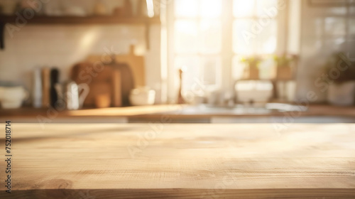 Table Wooden Kitchen Banner with Abstract warm tone, Blurred Background, Empty Space for Product Display in Modern Living, Empty Beautiful wood table top and blurred bokeh modern kitchen background  photo