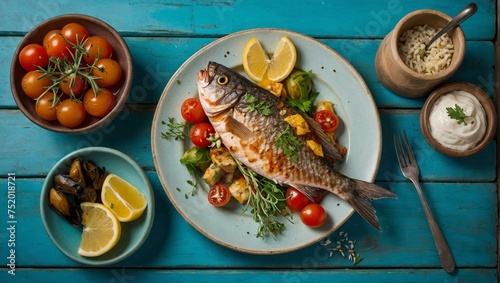 Grilled whole fish served with fresh vegetables, lemon, and sauce on a rustic blue wooden table with a side of oil and herbs, healthy mediterian plate photo