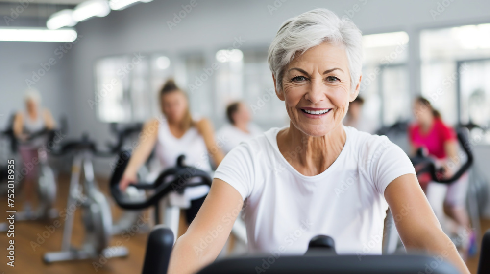 A fit senior woman doing a cycling workout at a gym