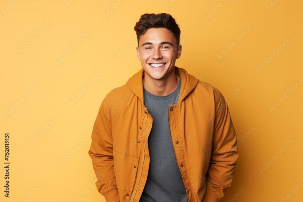 Portrait of a happy young man smiling at camera over yellow background Portrait of a happy young man smiling at camera over yellow background