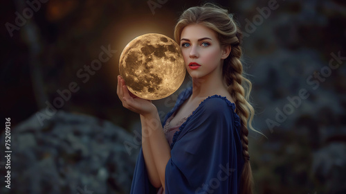 Portrait of a woman in the night with a moon in the hands