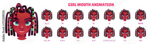 African american kid girl with dreadlocks and different positions of lip and tongue during pronunciation of english alphabet letters. Animation generator kit to sync speaking and expressions.