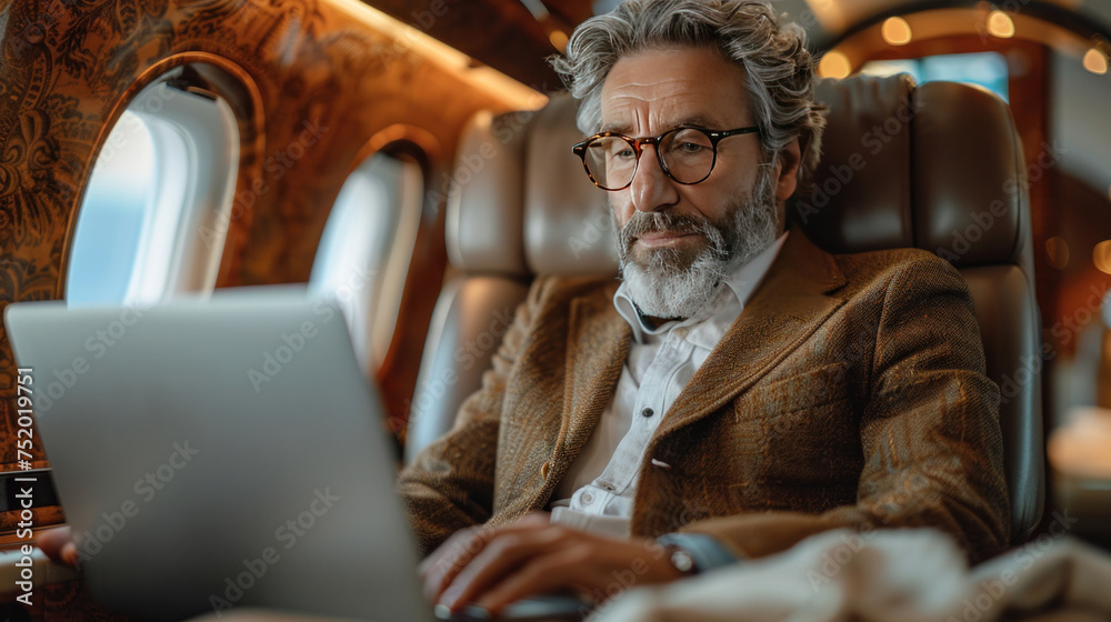 A middle aged businessman in suit working on laptop in plane during business trip.