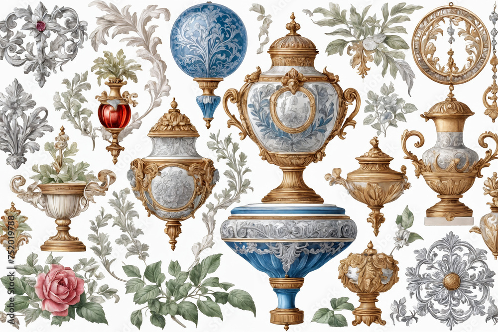 Victorian Baroque ornament decorative filigree elements. Design set. Hand drawn engraving. Vector vintage illustration. Isolated on white background. Generative Ai