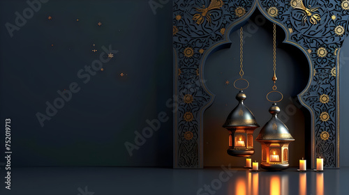 ramadan kareem islamic greeting card background vector illustration, card design with lanterns and crescent.