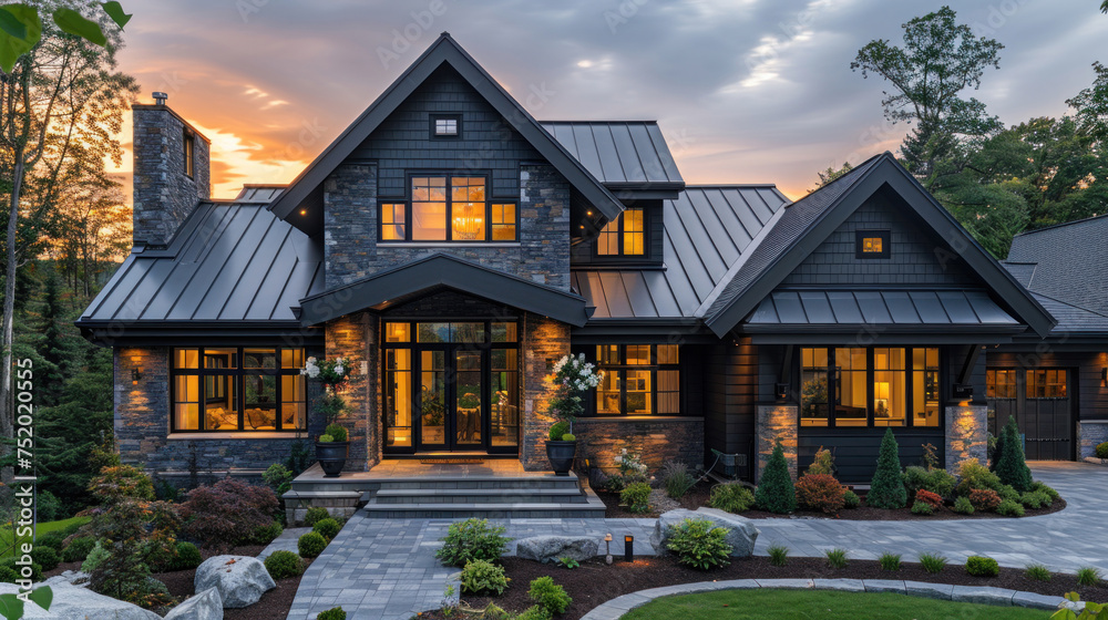 Black metal roof on roof, New house modern style.