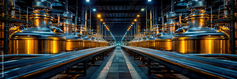 Brewery or alcohol production factory. Large steel fermentation tanks. Brewery or alcohol production factory. Large steel fermentation tanks.