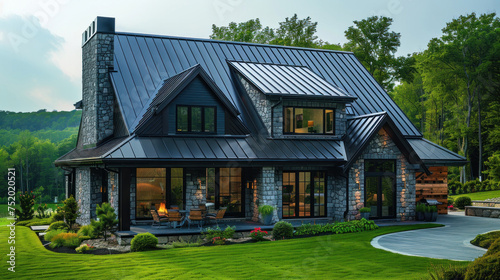 Black metal roof on roof  New house modern style.