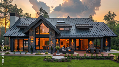 Black metal roof on roof, New house modern style.
