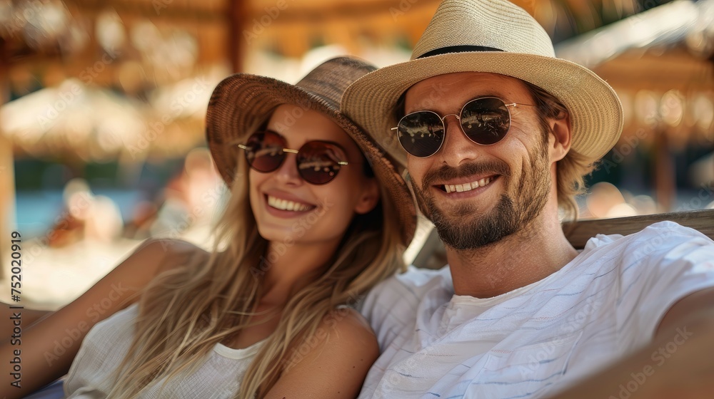 Couple in hats smiling on a beach lounger.
