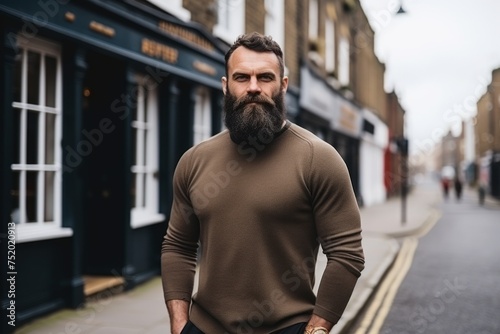 Handsome bearded man in a brown sweater on a city street