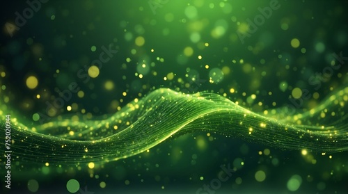 This image captures a mesmerizing abstract green wave with sparkling particles, representing data flow or energy