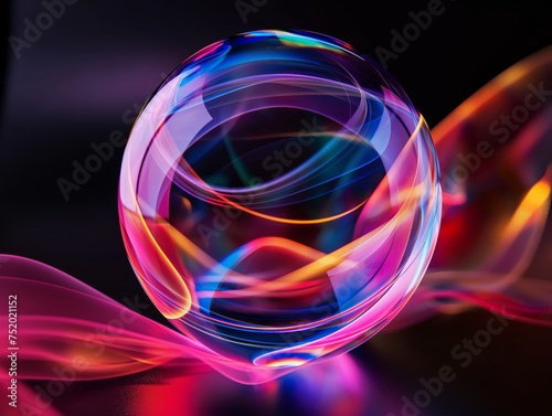 Vivid light patterns swirl within a transparent sphere on a dark background, embodying dynamic energy and modern abstract art.