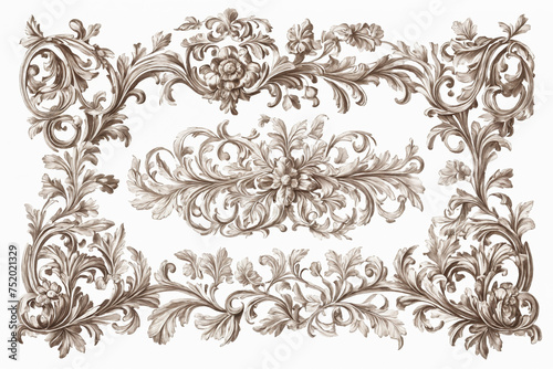 Victorian Baroque ornament decorative filigree elements. Design set. Hand drawn engraving. Vector vintage illustration. Isolated on white background. Generative Ai