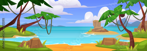 Sandy beach on summer island in sea. Vector cartoon illustration of seaside landscape with exotic palm trees, lianas and green grass, ocean waves washing coast, blue sky with clouds
