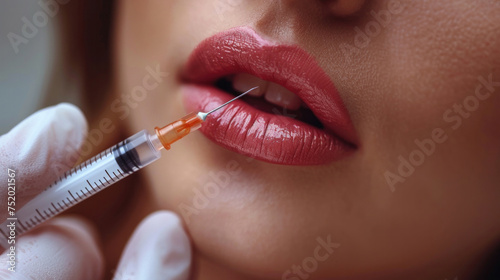 Close up of Syringe near woman's chin, beauty injections with fillers for lips correction.