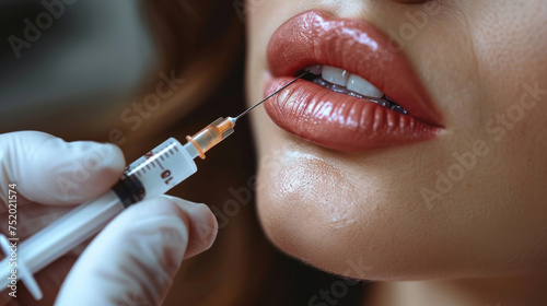 Close up of Syringe near woman's chin, beauty injections with fillers for lips correction.
