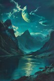 Retro futuristic landscape with blue river, dark mountains and moon Generative Ai 