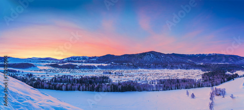 Hemu Village, Snowy Mountains, Forests, and Winter Snow Scenery in Xinjiang Uygur Autonomous Region, China photo