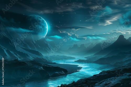 Retro futuristic landscape with blue river, dark mountains and moon Generative Ai 